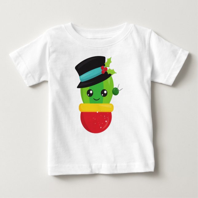 Camiseta Para Bebê Cactus de Natal, Cactus Bonitos, Chapéu, Mistura (Frente)