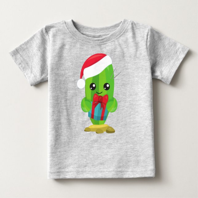 Camiseta Para Bebê Cactus de Natal, Cactus Bonitos, Chapéu Santa, pre (Frente)