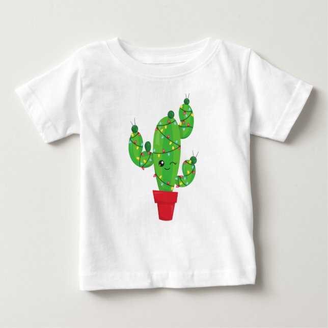 Camiseta Para Bebê Cactus de Natal, Luzes de Natal, Cute Cactus (Frente)