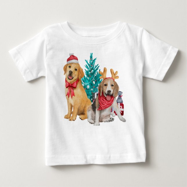 Camiseta Para Bebê Cães bonitos desejando Feliz Natal (Frente)
