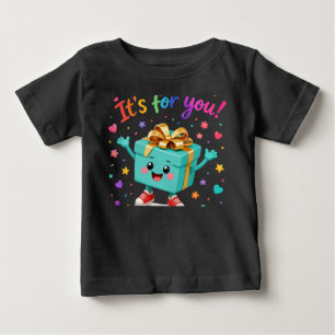 Camiseta Para Bebê Caixa de Presente Azul Turquesa Fofa e Feliz Surpr