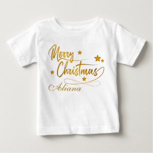 Camiseta Para Bebê Caligrafia ouro Feliz Natal Personalizado