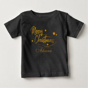 Camiseta Para Bebê Caligrafia ouro Feliz Natal Personalizado