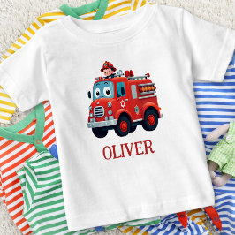 Camiseta Para Bebê Caminhão de Bombeiros Fofo e Bombeiro