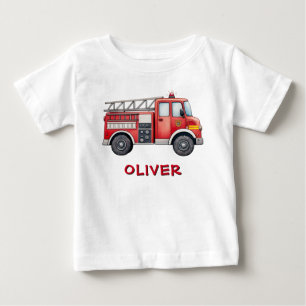 Camiseta Para Bebê Caminhão de Bombeiros Vermelho Fofo