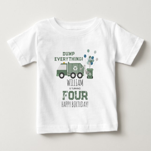 Camiseta Para Bebê Caminhão de Reciclagem Verde Fofo Nome Idade Anive (Frente)