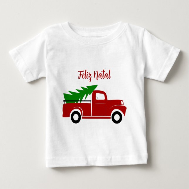 Camiseta Para Bebê Caminhão do Natal com Pinheiro Rustico Farmhouse B (Frente)