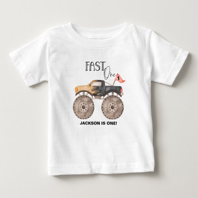 Camiseta Para Bebê Caminhão monstro 1º aniversário Fast ONE kids (Frente)