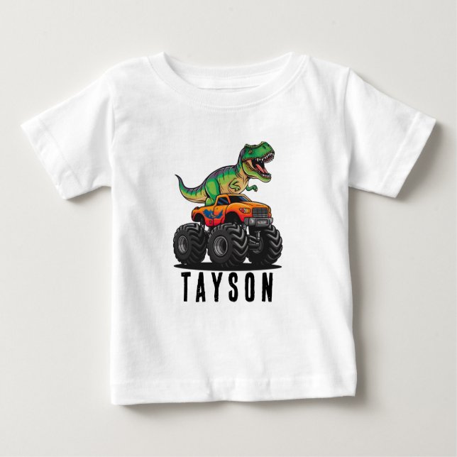 Camiseta Para Bebê Caminhão Monstro do Dinossauro T-Rex (Frente)