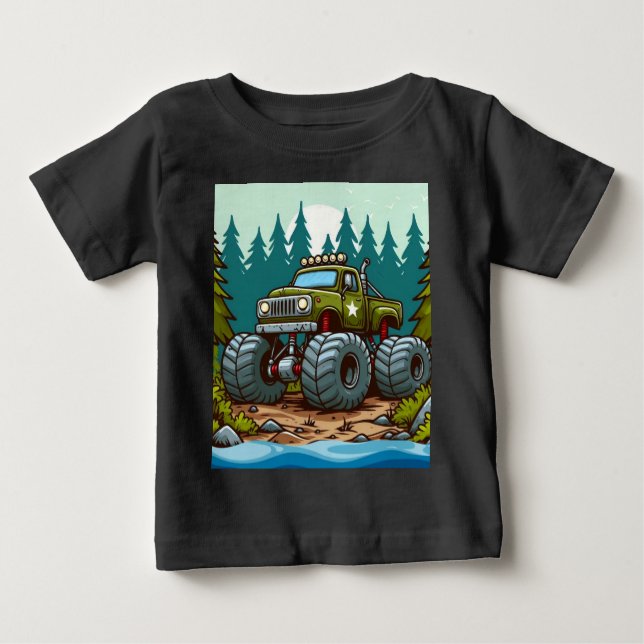 Camiseta Para Bebê Caminhão Monstro Verde na floresta (Frente)