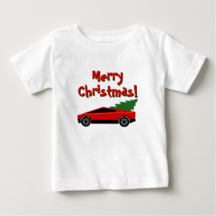 Camiseta Para Bebê Caminhão Tesla vermelho transportando uma árvore d