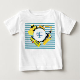 Camiseta Para Bebê Caminhões de Construção Blue Stripes Monograma