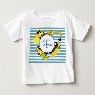 Camiseta Para Bebê Caminhões de Construção Blue Stripes Monograma