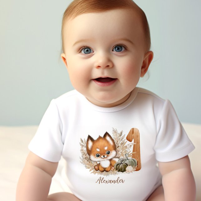 Camiseta Para Bebê Camisa-T de bebê primeiro aniversario de queda de  (Cute Fox Fall 1st Birthday baby T-Shirt)