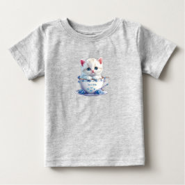 Camiseta Para Bebê Camiseta Bebê Kitten in Cup Blue Flowers