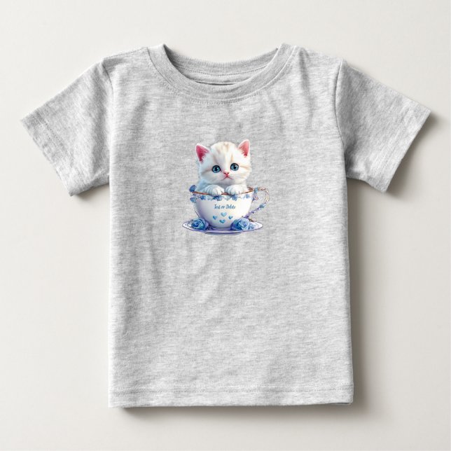 Camiseta Para Bebê Camiseta Bebê Kitten in Cup Blue Flowers (Frente)