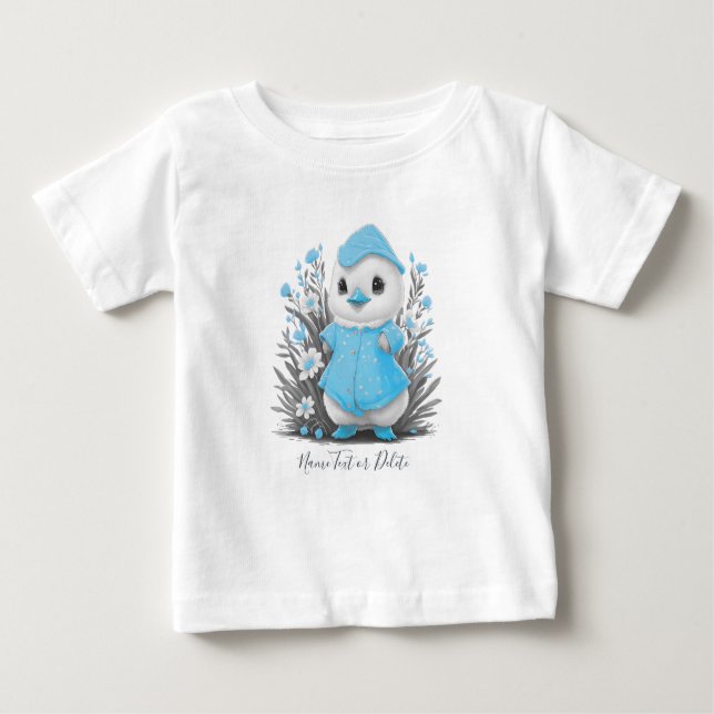 Camiseta Para Bebê Camiseta Bebê Pato Aguarela Flores Azuis (Frente)