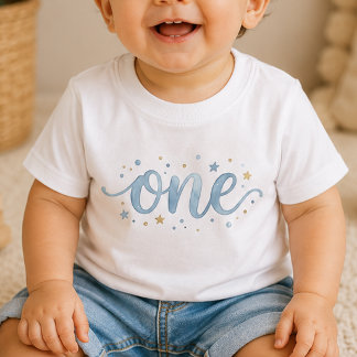 Camiseta Para Bebê Camiseta Bebê Primeiro Aniversário Aquarela Azul U