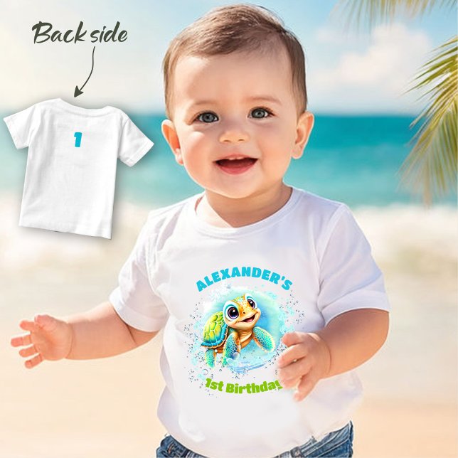 Camiseta Para Bebê Camiseta-bebê primeiro aniversario-de-Tartaruga-do (Cute Sea Turtle 1st Birthday Boy Baby T-shirt)