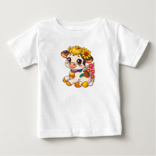 Camiseta Para Bebê Camiseta Bebê Vaca Fofa com Flores