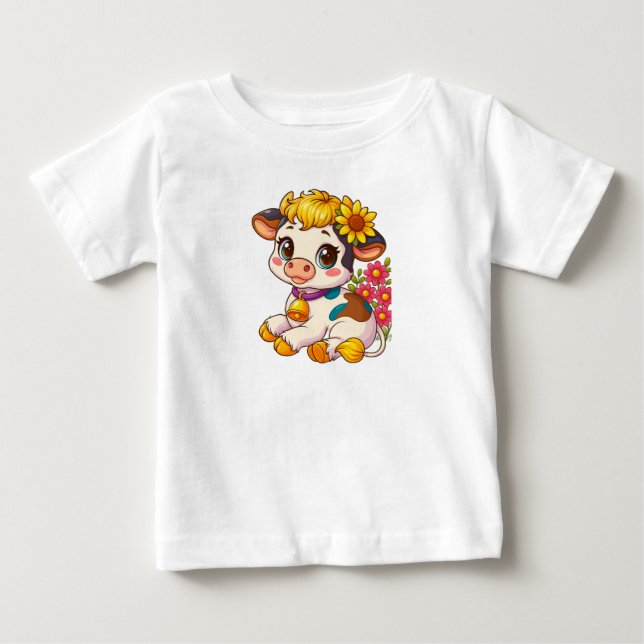 Camiseta Para Bebê Camiseta Bebê Vaca Fofa com Flores (Frente)