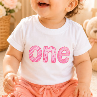 Camiseta Para Bebê Camiseta de Bebê de 1º Aniversário Um Padrão Rosa
