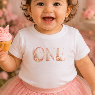 Camiseta Para Bebê Camiseta de Bebê de Primeiro Aniversário Rosa Flor