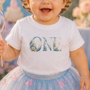 Camiseta Para Bebê Camiseta de Bebê Floral Azul Um Primeiro Aniversár