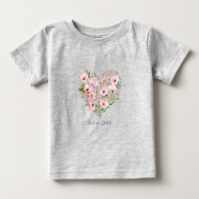 Camiseta Para Bebê Camiseta de Bebê Floral Coração Rosa (Frente)