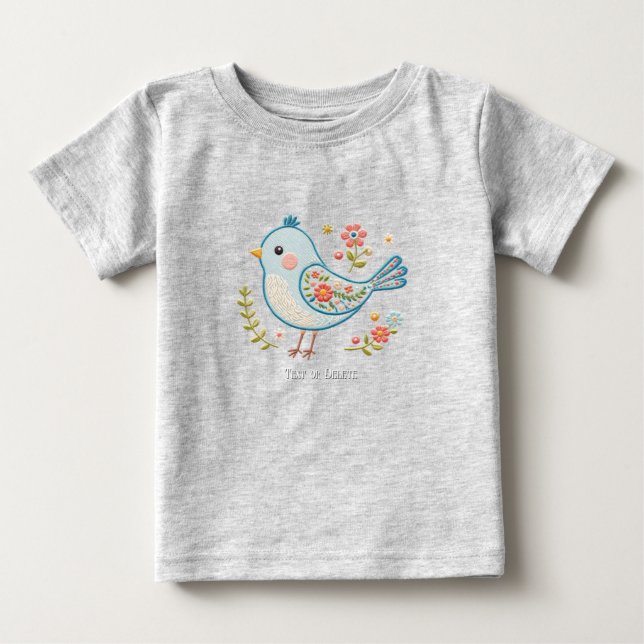 Camiseta Para Bebê Camiseta de Bebê Floral Passarinho Azul (Frente)