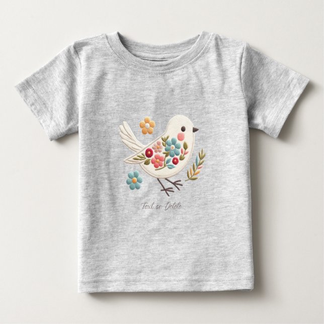 Camiseta Para Bebê Camiseta de Bebê Floral Pequeno Pássaro Branco (Frente)