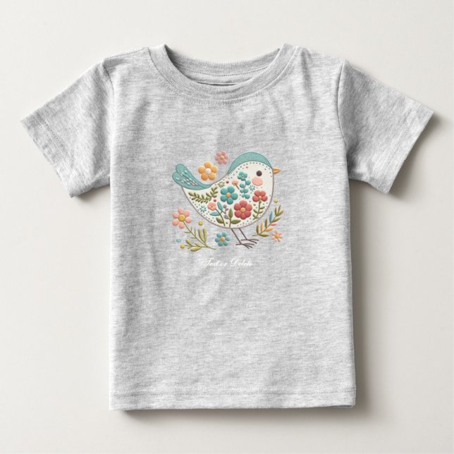 Camiseta Para Bebê Camiseta de Bebê Little Bird Blue Pink Flowers (Frente)