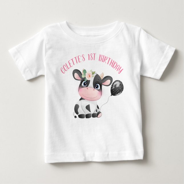 Camiseta Para Bebê Camisola branca-balão preta Vaca-nascida-primeira- (Frente)