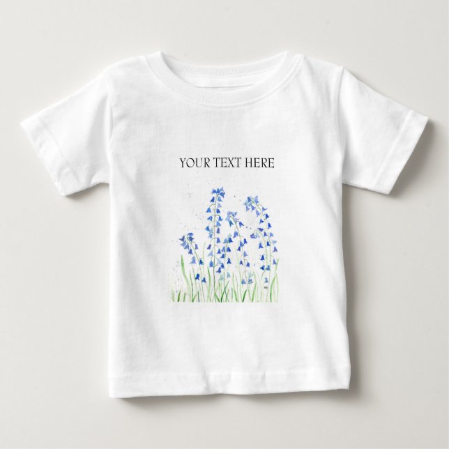 Camiseta Para Bebê Campainhas azuis flores Adicionar texto aquarela b (Frente)