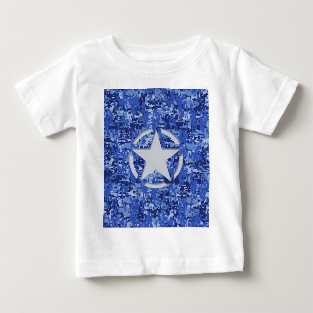 Camiseta Para Bebê Camuflagem Azul do Marinho Retroativo Estêncil Est (Frente)