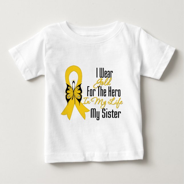 Camiseta Para Bebê Cancer de infância Frisa Meu Herói Minha Irmã (Frente)