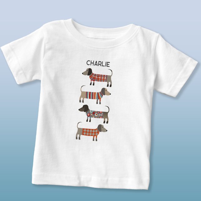 Camiseta Para Bebê Cão de linguiça de salsicha Dachshund Personalizad (Fun personalized name dachshund wiener sausage dog t-shirt)