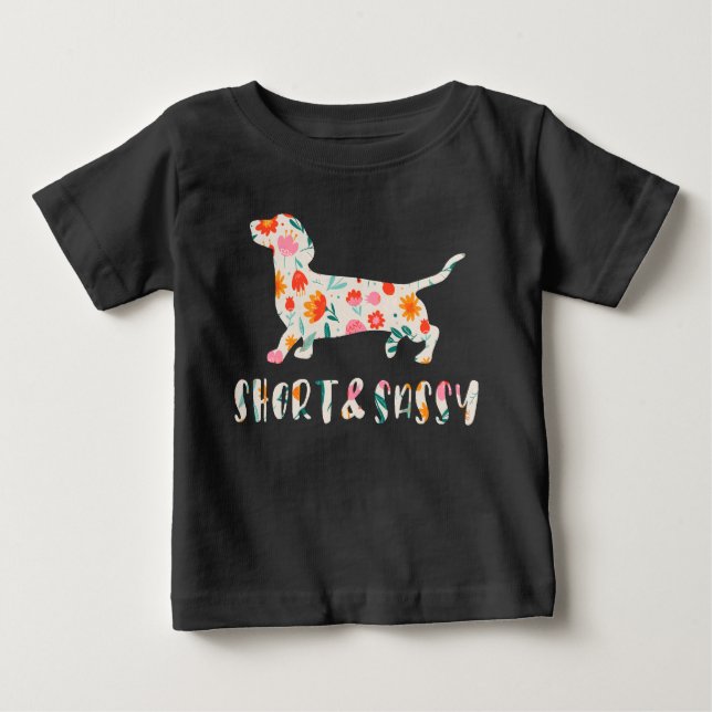 Camiseta Para Bebê Cão floral de Dachshund, pequeno e assado (Frente)