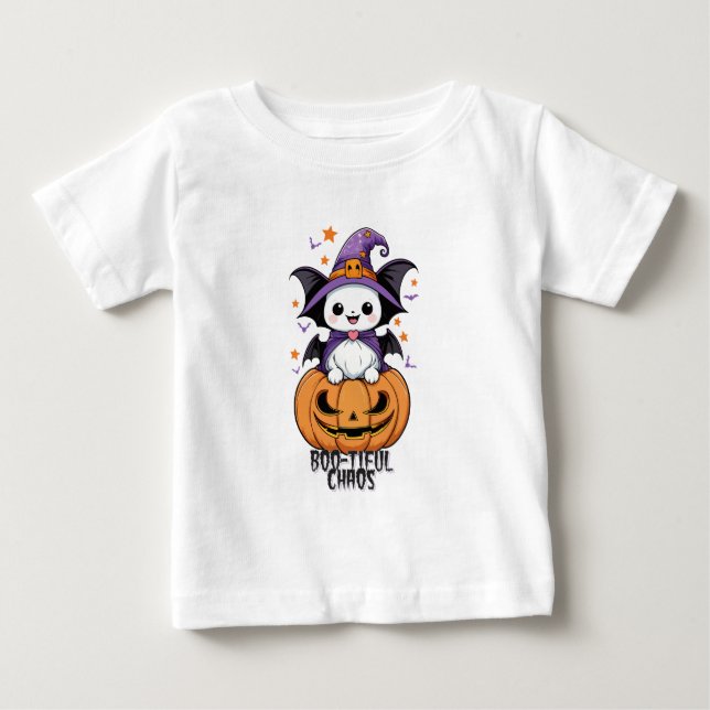 Camiseta Para Bebê Caos Bonitos | Morcegos, Chapéus e Abóboras (Frente)