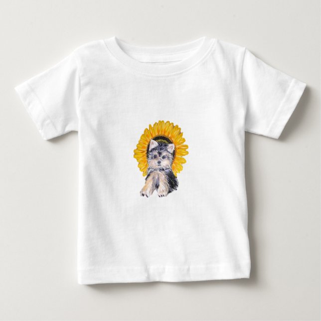 Camiseta Para Bebê Cãozinho bonito de Yorkshire e arte de girassol (Frente)