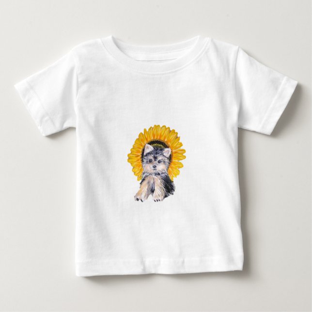 Camiseta Para Bebê Cãozinho bonito de Yorkshire e arte de girassol (Frente)