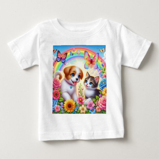 Camiseta Para Bebê Cãozinho/cachimbo/arco-íris de gatinho (Frente)