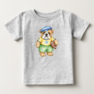 Camiseta Para Bebê Cãozinho de buldogue inglês com bola de futebol de