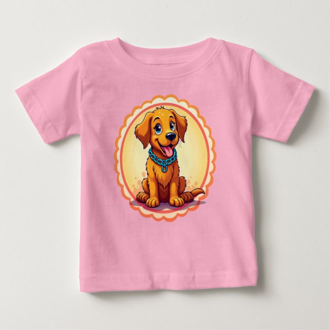Camiseta Para Bebê Cãozinho De Cartoon Bonito Com Colar Azul (Frente)