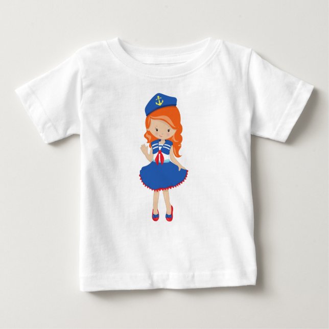 Camiseta Para Bebê Capitão de Barco, Capitão, Cabelo Laranja, Garota  (Frente)