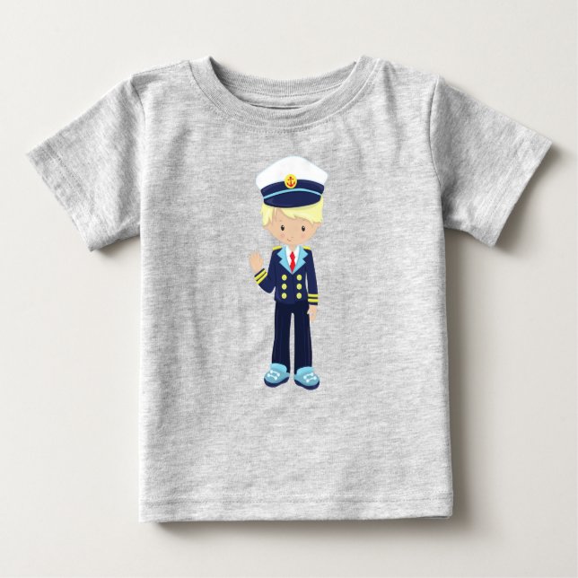 Camiseta Para Bebê Capitão de Barco, Comandante, Menino Bonito, Cabel (Frente)