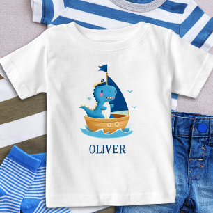 Camiseta Para Bebê Capitão do Barco Dinossauro Azul Fofo
