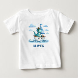 Camiseta Para Bebê Capitão Náutico de Dinossauro Fofo Personalizado