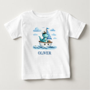 Camiseta Para Bebê Capitão Náutico de Dinossauro Fofo Personalizado