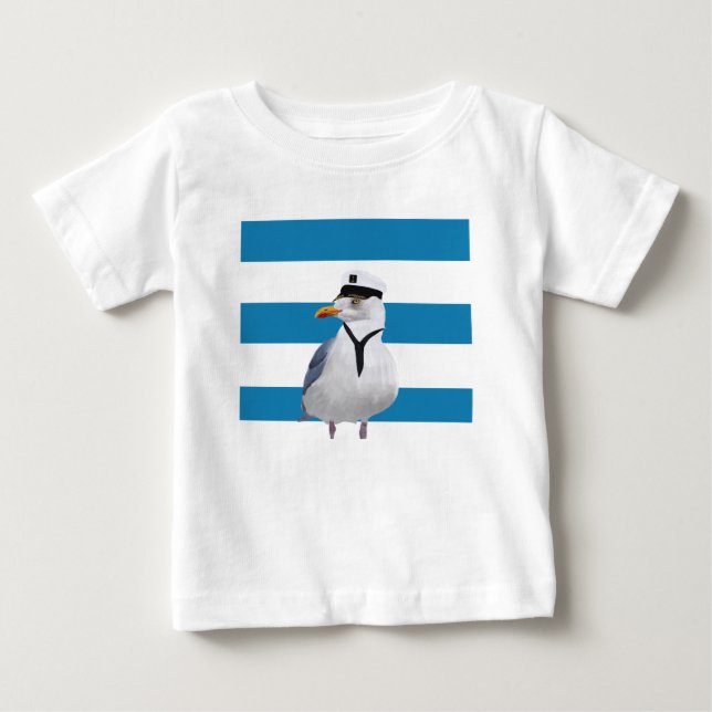 Camiseta Para Bebê Capitão Seagull Blue Stripes (Frente)